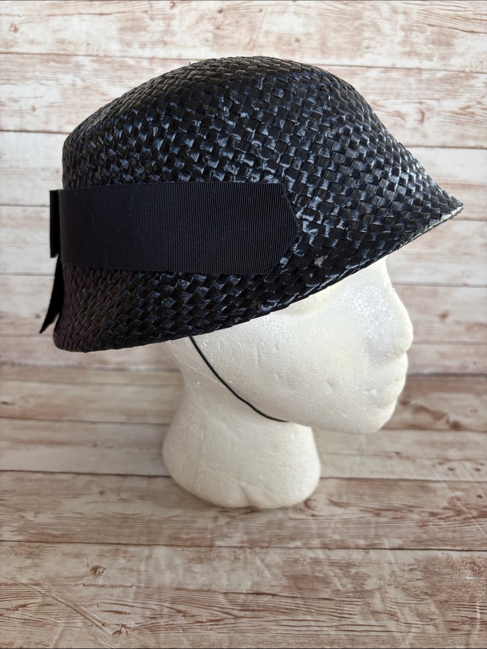 Vintage Navy Woven Cloche Hat with Grosgrain Band